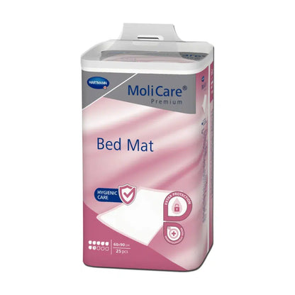 A pack of MoliCare® Premium Bed Mat bed protection pad 7 drops with 25 pieces, presented in a pink-white design emphasizing protection and hygiene, from Paul Hartmann AG.