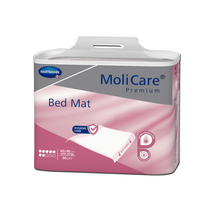 A pack of MoliCare® Premium Bed Mat bed protection pad 7 drops, size 60x90 cm, contains 30 pieces, with hygiene care instructions and absorbency symbols on a pink-white box from Paul Hartmann AG.