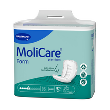A package of Hartmann MoliCare® Premium Form incontinence pads from Paul Hartmann AG, consisting of 32 pieces with extra odor neutralization. The package is blue-green and displays product features and environmental labels.