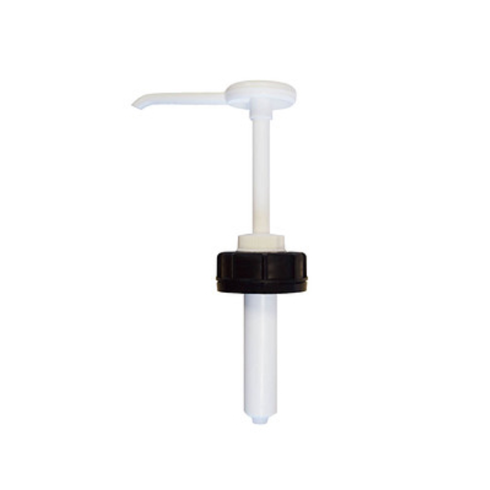 The NITRAS dosing pump from MCD MEDICAL CARE DENTAL GmbH, designed for 5- and 10-liter containers, is a white plastic pump with a black collar. It features a long spout and a cylindrical tube for efficient liquid delivery against a plain background.
