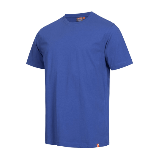 The NITRAS MOTION TEX LIGHT T-shirt from AS Arbeitsschutz GmbH is pictured against a white background. It is a simple blue short-sleeved T-shirt made of soft, OEKO-TEX-certified cotton, featuring a crew neck and a small orange label on the lower left hem.