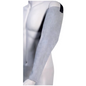 A mannequin torso displays a NITRAS split leather arm cuff in light gray from AS Arbeitsschutz GmbH, which covers the left arm from the shoulder to the wrist. This 75 cm long robust sleeve features a black support at the upper arm for comfortable wear and an individually adjustable arm closure.