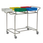 A space-saving solution: The Novocal stainless steel laundry collector "Kompakt plus" with five compartments and colored lids on wheels is ideal for sorting dirty laundry or waste.
