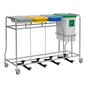 The Novocal recycling collector combi collector features a stainless steel frame with 4 containers, wheels, gray/yellow/blue/green containers with lids (green labeled "GLASS") and foot pedals for hands-free opening. All pipe connections are made of stainless steel.