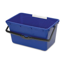 The Nölle professional brush bucket for window cleaning is an 18-liter bucket made of blue, rectangular plastic with a ribbed interior, a white top edge, and a black textured handle.