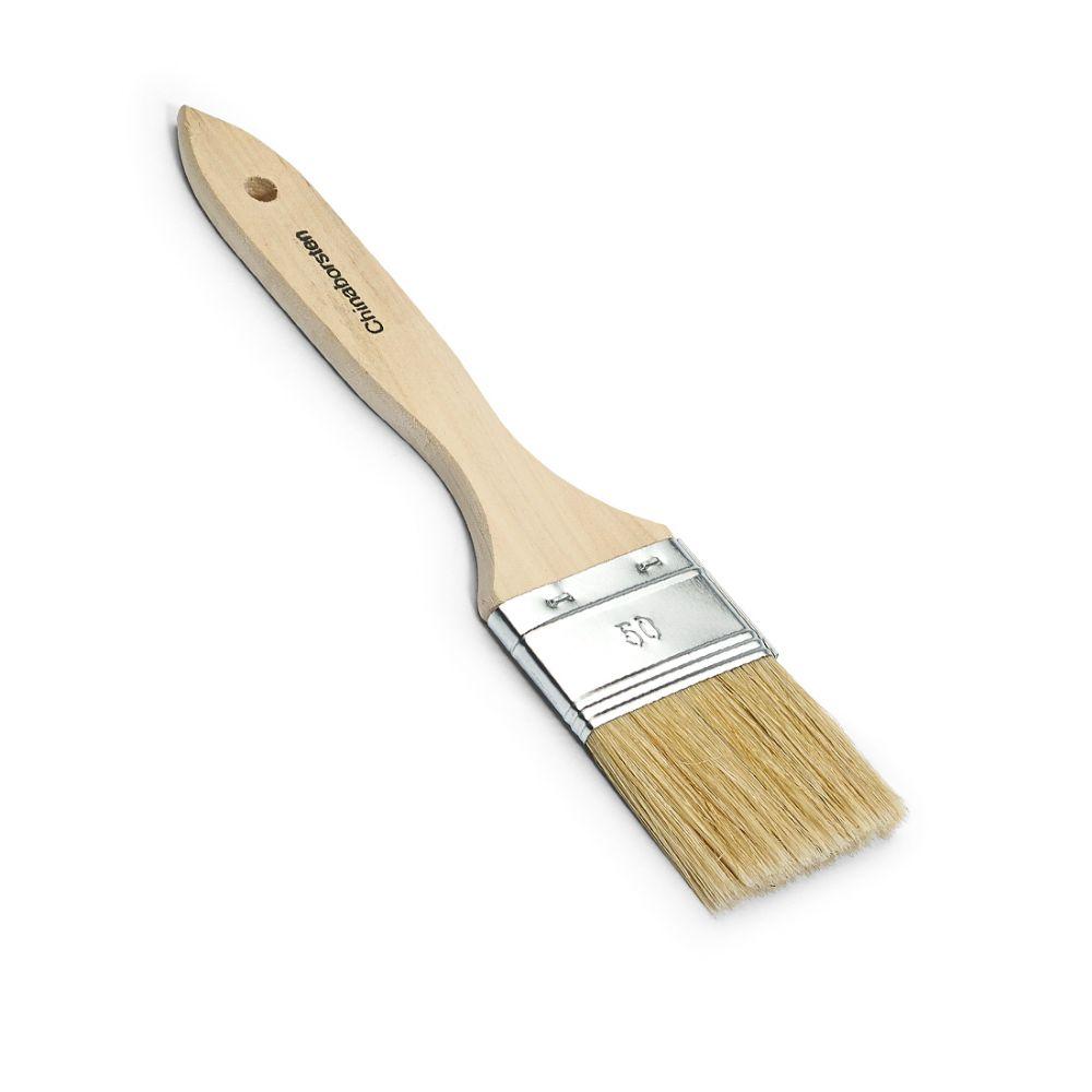 The Nölle Profi Brush flat brush 1 from Nölle Profi Brush Bürsten- & Pinseltechnik e.K. features a wooden handle and tinplate ferrule, an ergonomic design, beige bristles in a light bristle mix, flat shape, and a hanging hole for versatility.