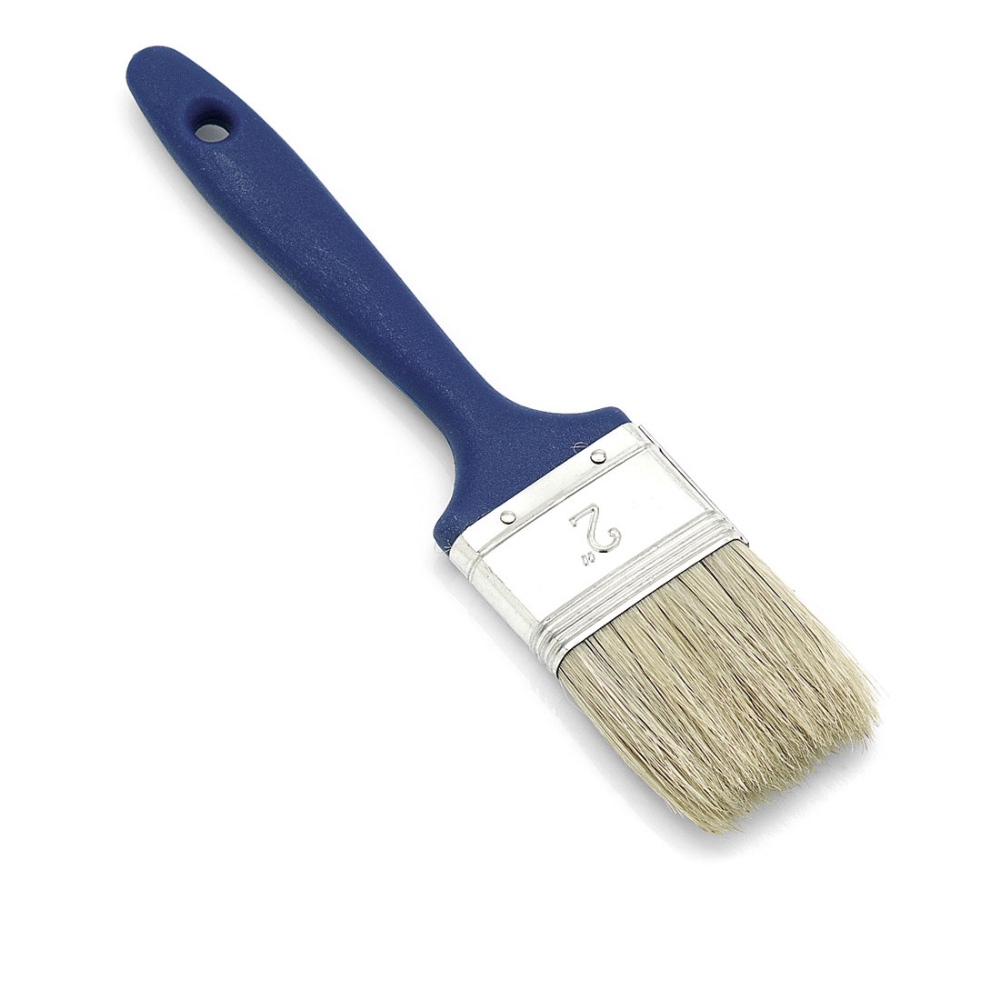 The Nölle Profi Brush flat brush 6 features a light bristle mix and a tinplate ferrule and a blue plastic handle with a hanging hole. The rectangular brush head shows slight signs of use but is still perfectly suitable for painting work.