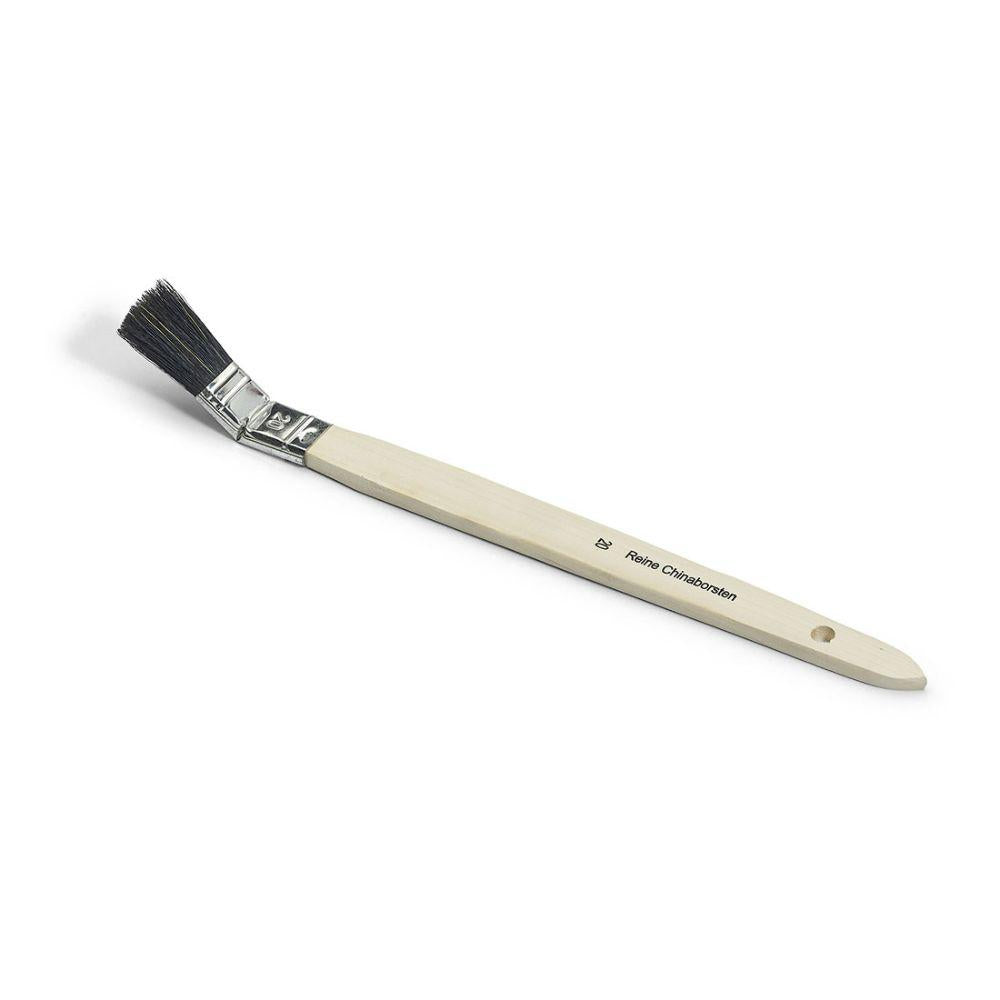 The Nölle Profi Brush joint brush features a thin, angled wooden handle with a small hole and partially visible lettering. Its shiny metal ferrule holds pure black bristles, perfect for precise, artistic strokes.