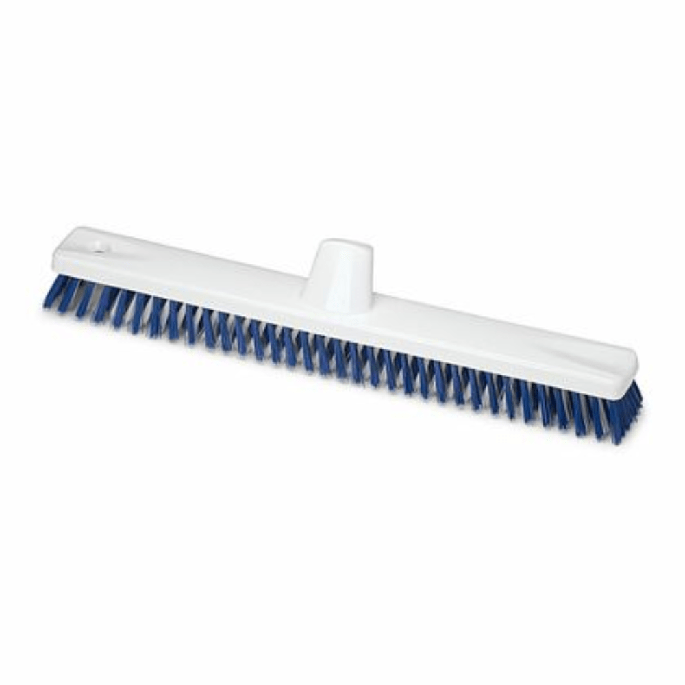 The Nölle Profi Brush HACCP large area sweeper 45 cm from Nölle Profi Brush Bürsten- & Pinseltechnik e.K. is a broom with a white plastic body and blue polyester PBT bristles. It has a rectangular shape with a central attachment hole for even bristle distribution and efficient cleaning.