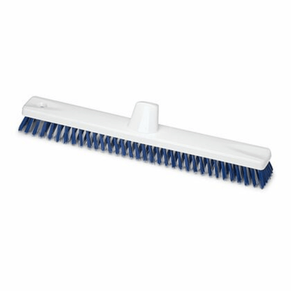 The Nölle Profi Brush HACCP large area sweeper 45 cm from Nölle Profi Brush Bürsten- & Pinseltechnik e.K. is a broom with a white plastic body and blue polyester PBT bristles. It has a rectangular shape with a central attachment hole for even bristle distribution and efficient cleaning.