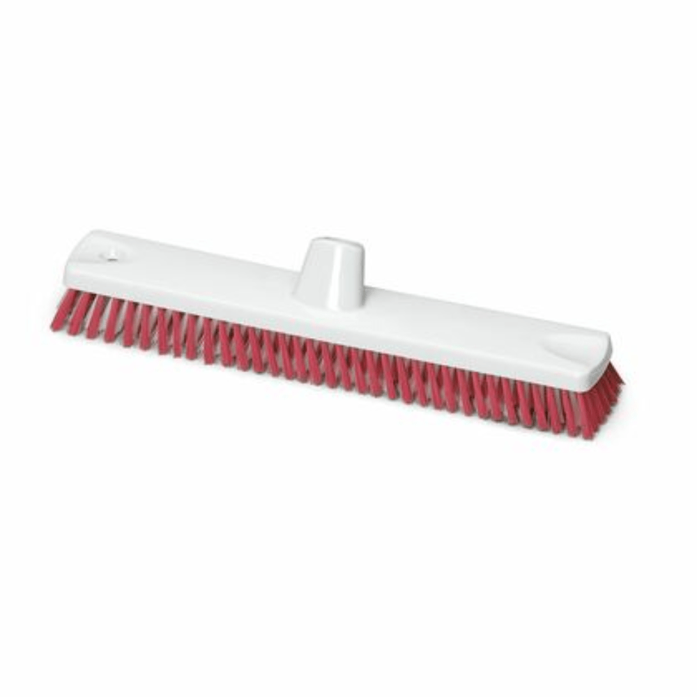 The Nölle Profi Brush HACCP large area sweeper 45 cm features a wide, robust white plastic base and dense red polyester bristles (PBT bristle). The middle section is equipped with a handle attachment, ideal for floor scrubbing and meets HACCP standards.