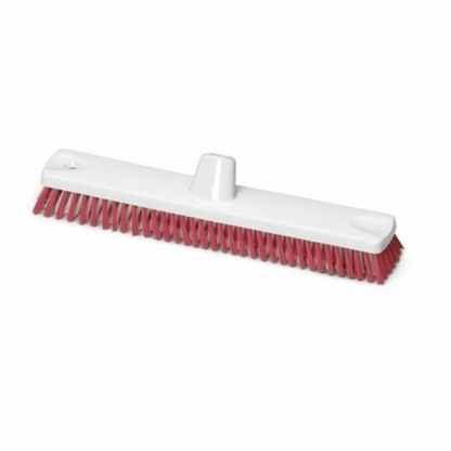 The Nölle Profi Brush HACCP large area sweeper 45 cm features a wide, robust white plastic base and dense red polyester bristles (PBT bristle). The middle section is equipped with a handle attachment, ideal for floor scrubbing and meets HACCP standards.