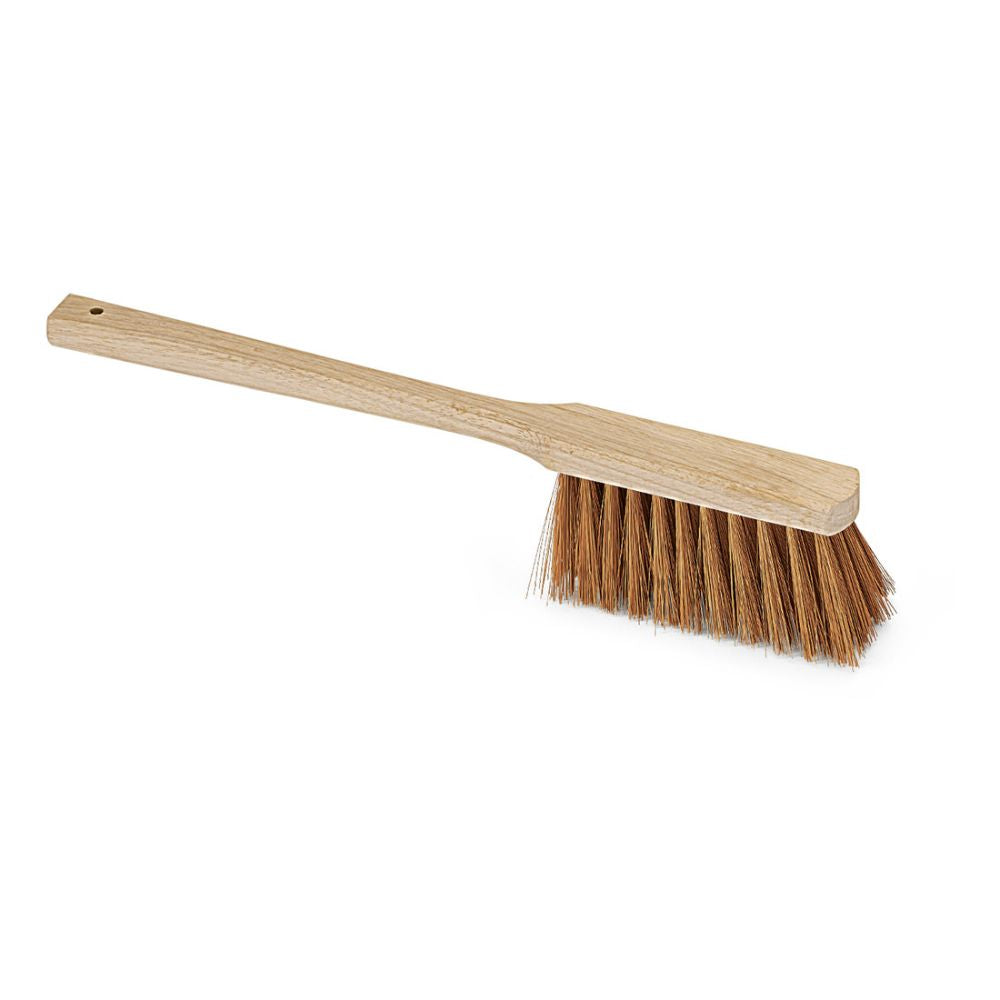 The Nölle Profi Long Handle Hand Brush, 43 cm Poly-Coconut Broom from Nölle Profi Brush Brush & Paint Technology e.K., with stiff brown bristles and a long handle, is perfect for sweeping coarse dirt on white surfaces.