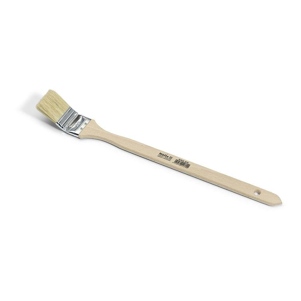 The Nölle Profi Brush Painter-Radiator Brush stands out with a long wooden handle with a hanging hole, barcode, angled bristles, and a nickel-plated ferrule that securely binds the high-quality natural bristle mix.
