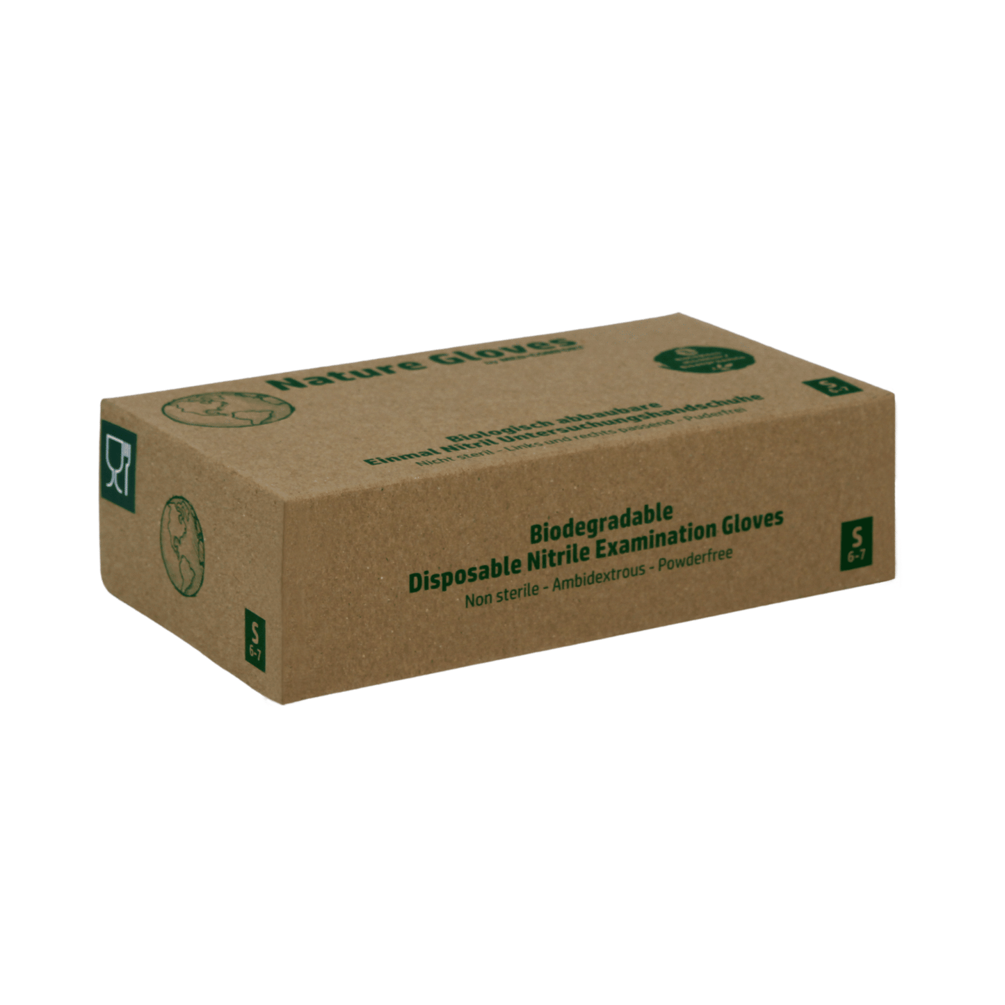 A brown rectangular box labeled “AMPri Nature Gloves Nitrile Gloves Biodegradable, Powder-Free” contains biodegradable disposable gloves made of nitrile. The box is marked with green text, symbols, and a logo of AMPri Handelsgesellschaft mbH. It indicates that the gloves are non-sterile, ambidextrous, and powder-free, with the size indication “Small”.