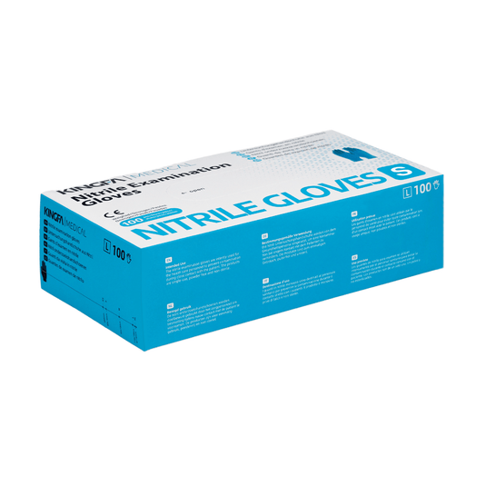 A box of Kingfa nitrile examination gloves in cyan-and-white packaging, made from 100% synthetic nitrile and latex-free. The package contains 100 gloves. There is text highlighting the product features.