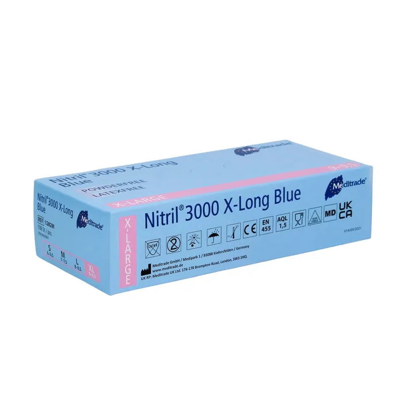 A box of Meditrade Nitril® 3000 X-Long 100 pcs. nitrile gloves extra long, blue, depicted against a white background. The packaging is blue with white text containing product information.