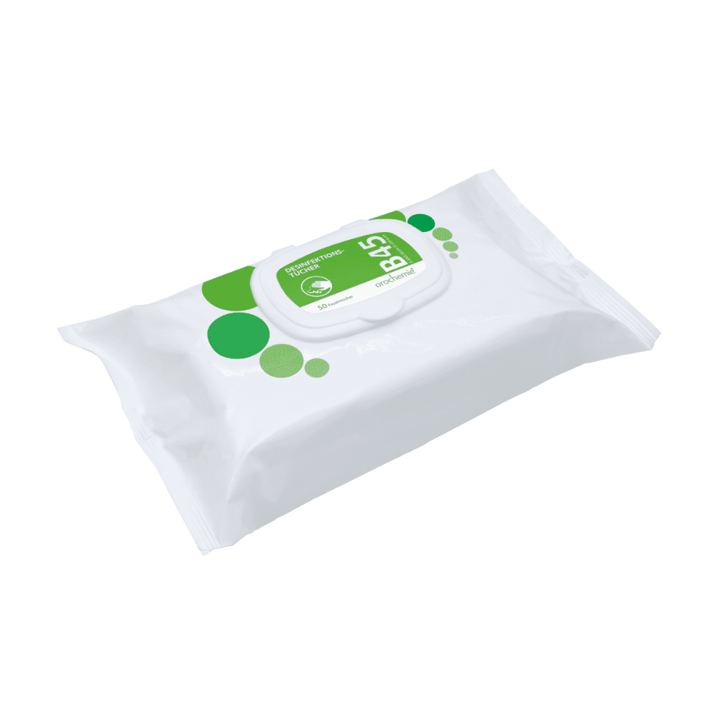 A sealed white plastic package containing 50 Orochemie B 45 disinfectant wipes from orochemie GmbH + Co KG, ideal for sensitive surfaces, with a plastic flip-top lid and a green label for easy dispensing.