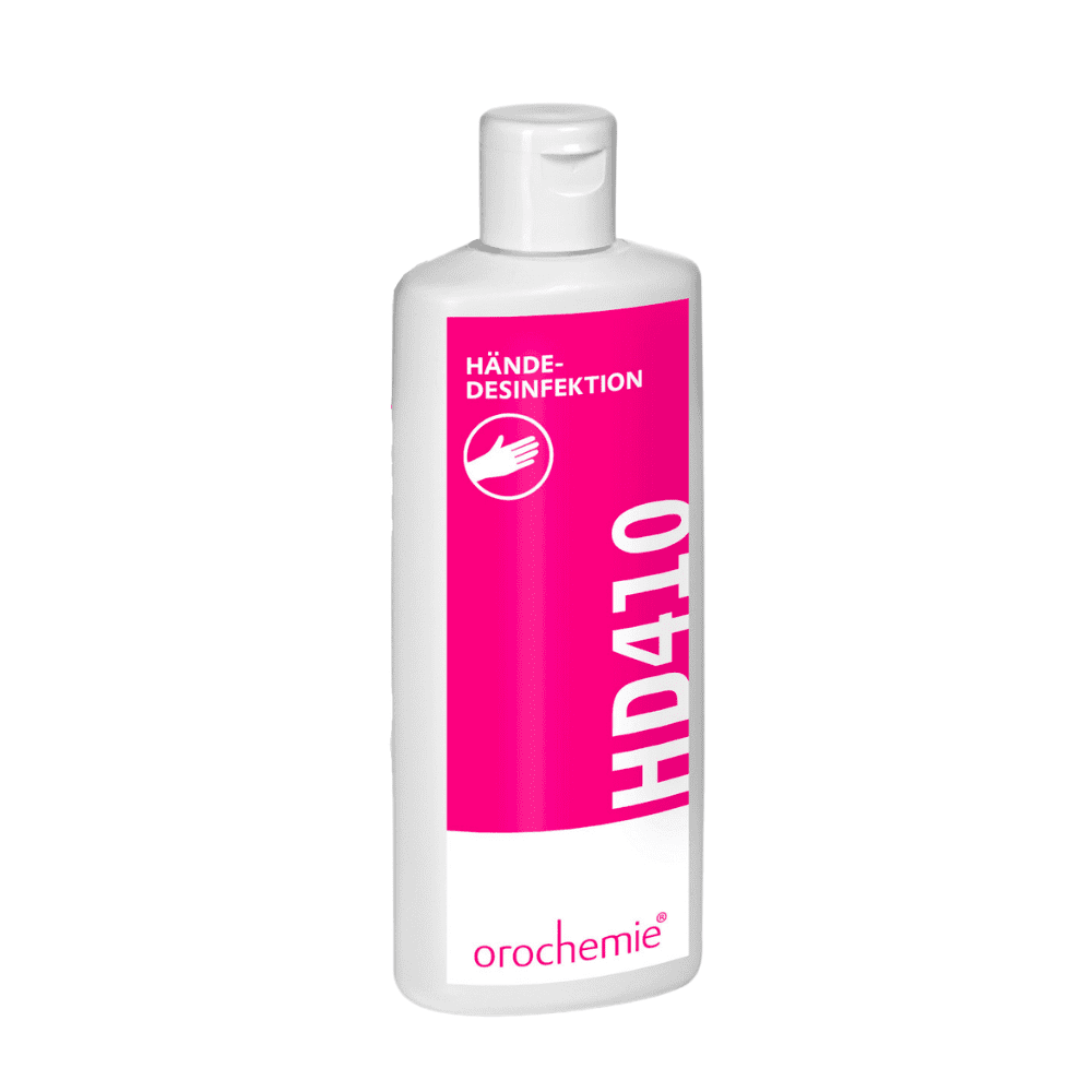 The white plastic bottle with the pink label "Orochemie HD 410 Hand Disinfection" by orochemie GmbH + Co KG, an alcoholic hand rub preparation for hand disinfection, features a practical flip-top closure.