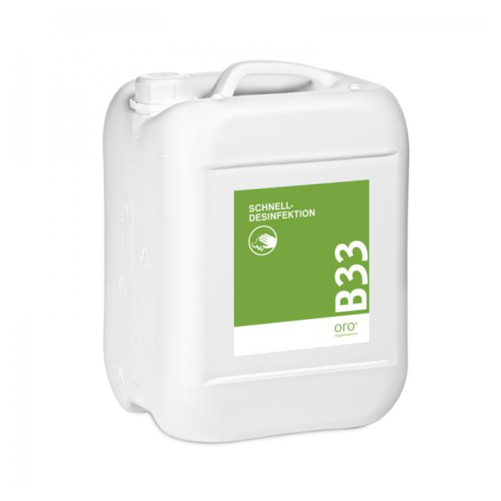 A white 10-liter plastic canister with a handle and screw cap, labeled "Orochemie B 33 Quick Disinfection" from orochemie GmbH + Co KG, a ready-to-use disinfectant with high effectiveness against all viruses.