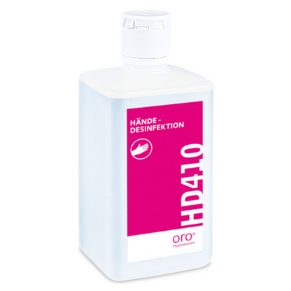 A white plastic bottle with a white cap and pink label bears the inscription "Orochemie HD 410 Hand Disinfection" by orochemie GmbH + Co KG and is marked with a hand symbol for hygienic hand disinfection.
