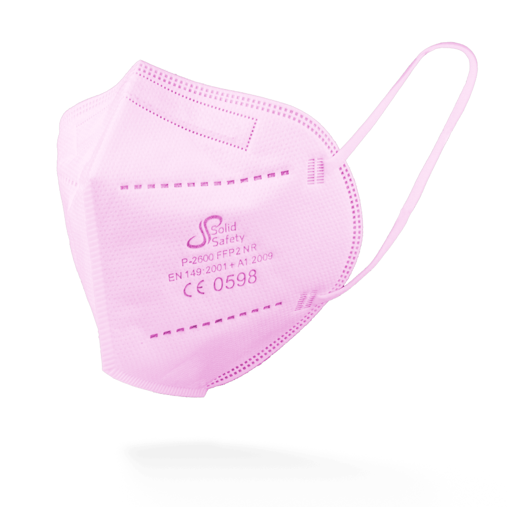 A pink SolidSafety Filtering Half Mask FFP2 NR from AMPri Handelsgesellschaft mbH with ear loops, certification details, and the Solid Safety logo is depicted against a plain white background.