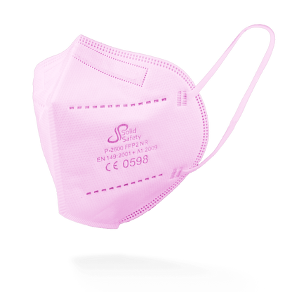 A pink SolidSafety Filtering Half Mask FFP2 NR from AMPri Handelsgesellschaft mbH with ear loops, certification details, and the Solid Safety logo is depicted against a plain white background.