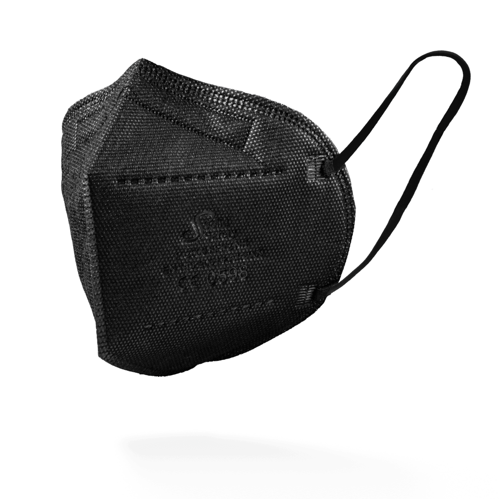 The SolidSafety Filtering Half Mask FFP2 NR from AMPri Handelsgesellschaft mbH in black stands against a plain white background and is equipped with ear loops and visible edge seams.