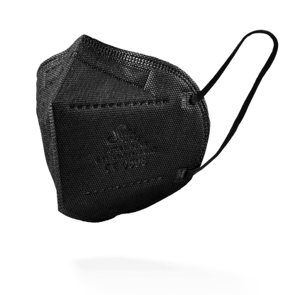 The SolidSafety Filtering Half Mask FFP2 NR from AMPri Handelsgesellschaft mbH in black stands against a plain white background and is equipped with ear loops and visible edge seams.