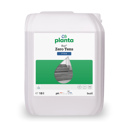 A white 10L plastic container labeled "Buz® Zero Tens colorless universal cleaner" from BUZIL-WERK Wagner GmbH & Co. KG with green accents, droplet graphics, cleaning symbols, pH value 7.5-8.4 - an effective universal cleaner for many applications.