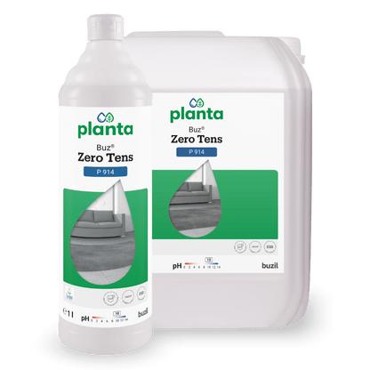 Two containers of Buz® Zero Tens colorless universal cleaner from BUZIL-WERK Wagner GmbH & Co. KG shown - a 1-liter bottle and a larger canister, both with green-white labels depicting a clean living room motif.