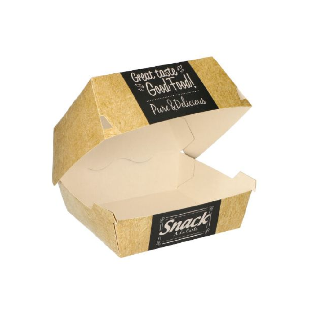An open, empty burger box made of cardboard of PAPSTAR GmbH with the slogan "Great Taste, Good Food!! Pure & Delicious" on the lid and "Snack A La Carte" on the front. This FSC-certified container is brown with black and white accents and thus an eco-friendly packaging option.
