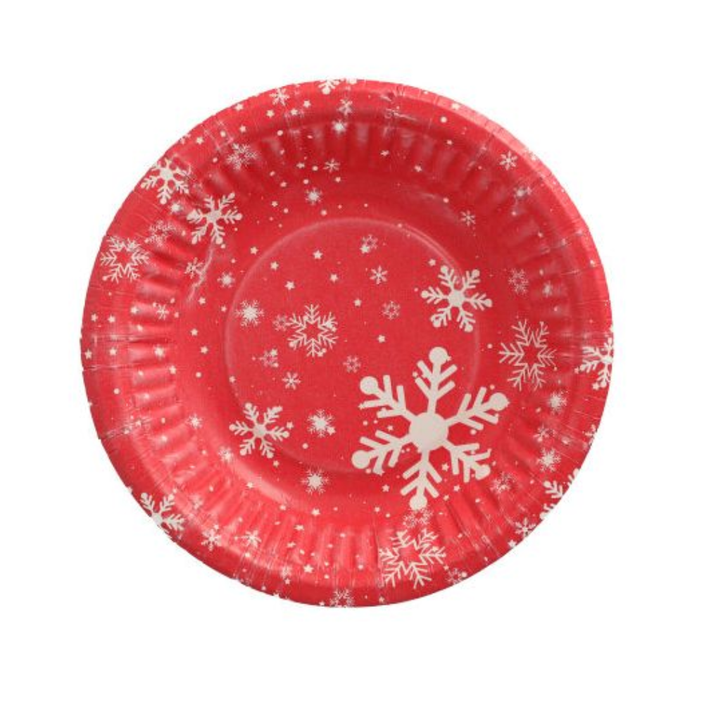The paper plate "Winter Time" by PAPSTAR GmbH with a diameter of 19 cm and a height of 3 cm features red motifs adorned with variously sized white snowflakes - a perfect choice for winter celebrations. The slightly ruffled edges give a textured look and are also sustainably certified as an FSC product. Available in packs of 50 pieces.