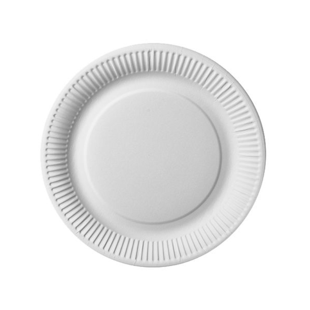 A PAPSTAR paper plate round Ø 26 cm, extra strong, white "pure" from shrink wrap (50 pieces) by PAPSTAR GmbH is shown from above, with a textured edge and smooth center on a white background.