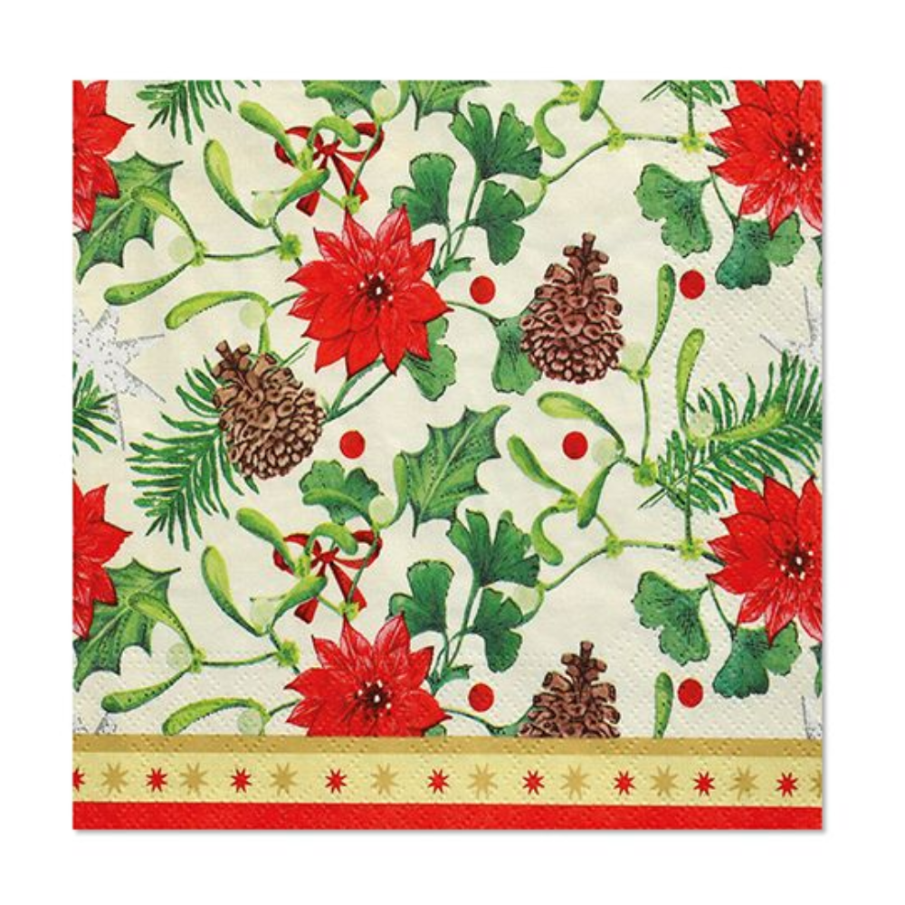 The PAPSTAR napkins 3-ply 1/4-fold 33 x 33 cm "Winterly" offer a festive, winter design with red Christmas stars, pine cones, holly leaves, candy canes, and berries. On a light background with an elegant gold-red border, these FSC®-certified disposable napkins from PAPSTAR GmbH create a festive atmosphere for any occasion. Packed in sets of 100 pieces.