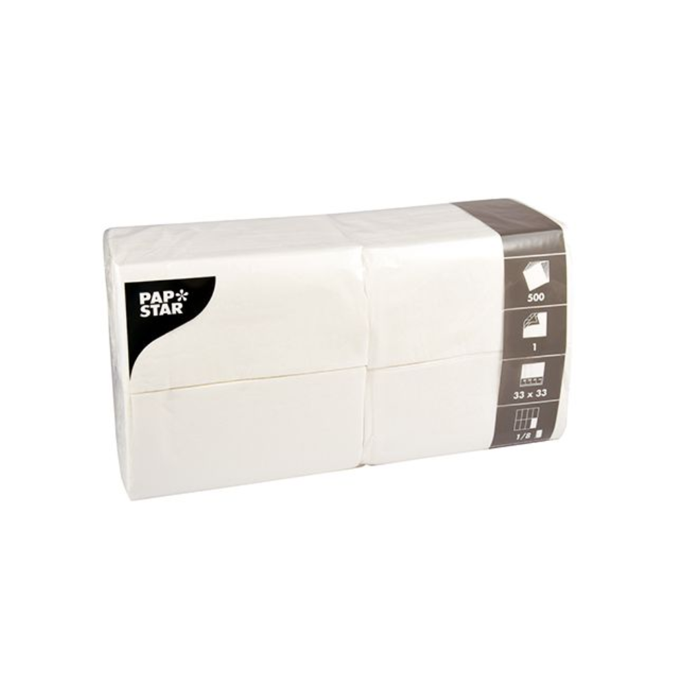 The packaging contains a set of 500 white PAPSTAR napkins in the size 33 x 33 cm. They bear the trademark of the renowned PAPSTAR GmbH and are marked with symbols indicating the size and number of napkins. This makes them perfect for the catering sector.