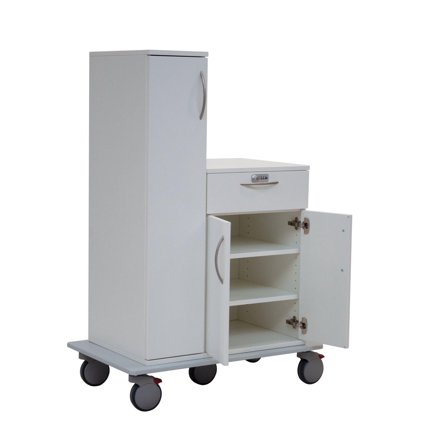 The Novocal patient trolley features a robust chassis made of solid plastic panel, easy-running wheels, and versatile storage - ideal for hospitals and healthcare. Package: 1 piece.