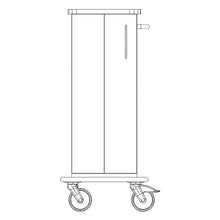 Frontansicht des Novocal Pflege- und Arbeitswagen Fahrgestells mit zwei großen Rädern, einem rechteckigen Gehäuse, einem vertikalen Seitengriff und einer durchgehenden Vollkunststoffplatte. Marke: Novocal.