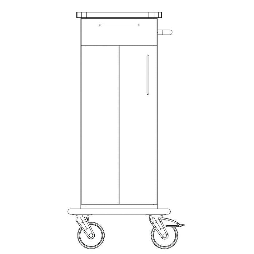 Black and white line drawing of a Novocal care and work cart chassis (1 piece, full plastic plate), with two large wheels, front doors, handle on the right side, and flat top. Brand: Novocal.