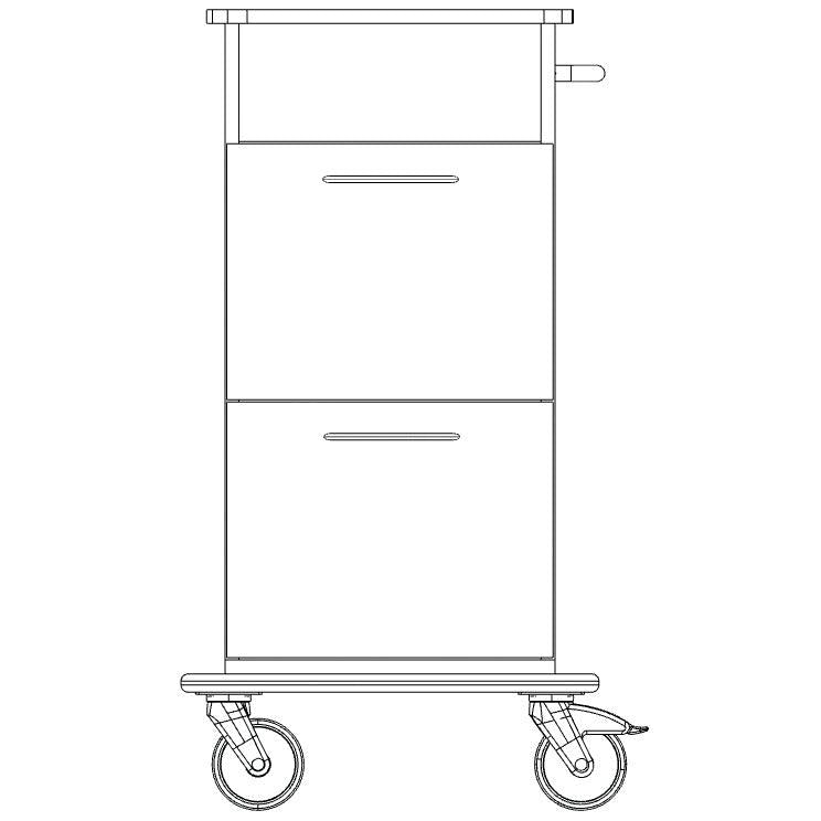 Black and white line drawing of the Novocal care and work trolley with a full plastic chassis, two large drawers with horizontal handles, four wheels, and a side handle, shown from the front. Brand: Novocal. Package (1 piece).