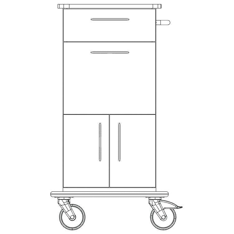 Front view of the Novocal care and work cart: with a full plastic chassis, upper drawer, lower cabinet with two doors, handle on the right side, and two large wheels. Brand: Novocal.
