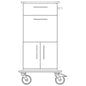 Front view of the Novocal care and work cart: with a full plastic chassis, upper drawer, lower cabinet with two doors, handle on the right side, and two large wheels. Brand: Novocal.