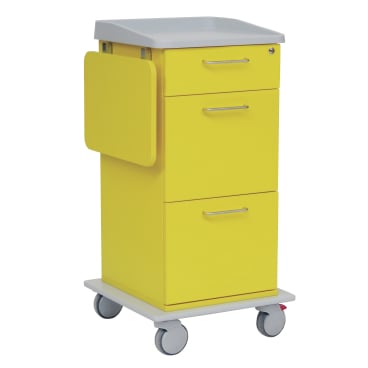 The Novocal care and work cart is painted yellow, features three drawers with metal handles, a foldable side shelf, a gray top and a gray bottom, as well as four wheels - ideal for any modern hospital facility.