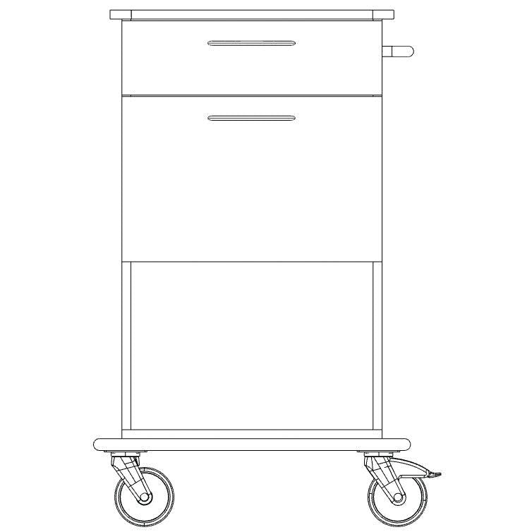 Line drawing of a Novocal care and work trolley chassis by Novocal, with two handles, two visible drawers, and four swivel castors. The chassis made of solid plastic panel is shown from the front with minimalist details.