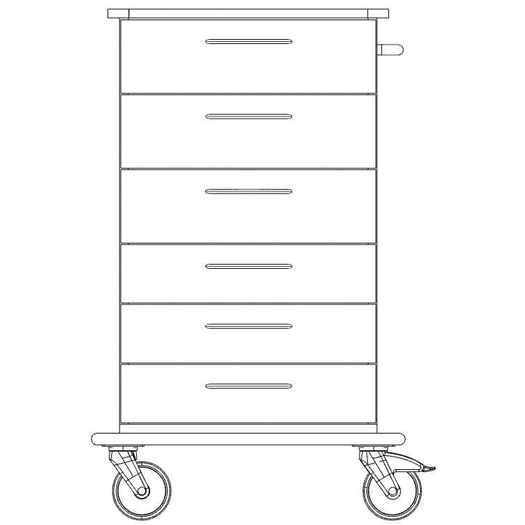 Front view line drawing of the Novocal care and work cart chassis with five horizontal drawers and two large wheels at the bottom. Brand: Novocal. Package (1 piece).