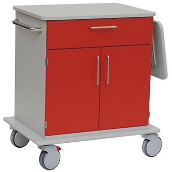 The Novocal care and work trolley features a red drawer, red wing doors with silver handles, a full plastic top, four swivel castors (one of which is lockable), a metal handle, and a small side shelf.