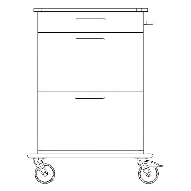 Front view of the Novocal care and work cart: with two large drawers, a small drawer, full plastic platform, four swivel castors, and a handle on the right side.
