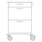 Front view of the Novocal care and work cart: with two large drawers, a small drawer, full plastic platform, four swivel castors, and a handle on the right side.