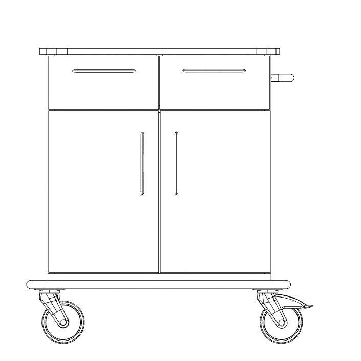Line drawing of the Novocal care and work cart chassis (1 piece): with two upper drawers, two lower cabinet doors, handle on the right side, and four swivel casters - ideal for care facilities. Brand: Novocal.