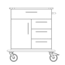Schwarz-weiße Strichzeichnung eines Novocal Pflege- und Arbeitswagen Fahrgestells (Vollkunststoff), mit einer oberen Schublade, drei seitlichen Schubladen, einer Schranktür, großen Laufrollen und einem Griff auf der rechten Seite. Marke: Novocal.